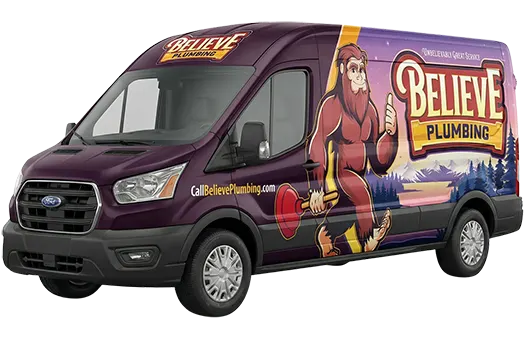 Side view of the Believe Plumbing van showing the mascot and CallBelievePlumbing.com